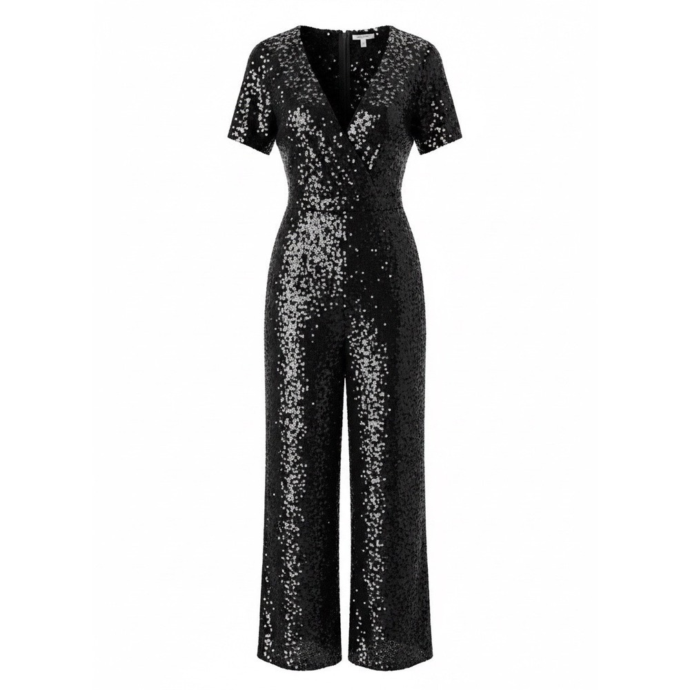 francesca's Women's Green Sequin V-Neck Short Sleeve Wide-Leg Jumpsuit S